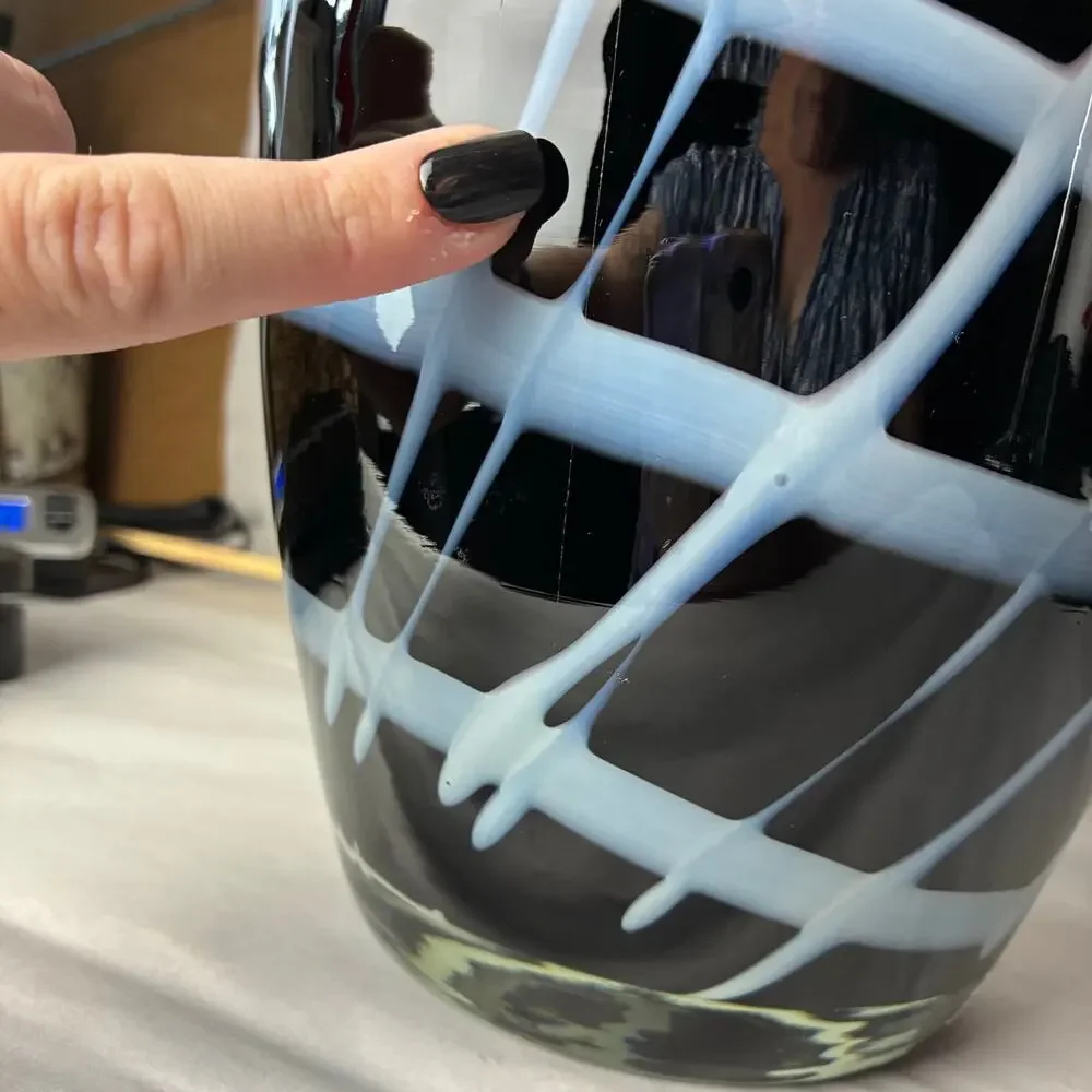 Józefina Krosno Hand Blown Glass Vase Poland Black White Lattice Grid Art READ